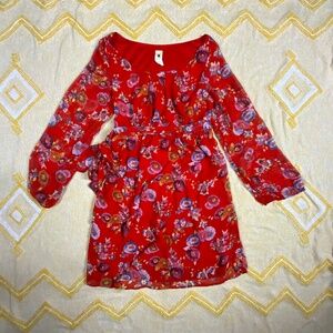 Anthropologie Needle & Thread Red Floral Tie Waist Dress SIZE: Medium